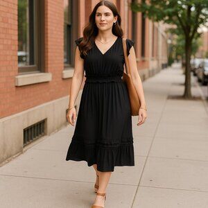 J. Jill Elevated Black Ruffle Trimmed Midi Dress Womens Size PXL Petite NWT